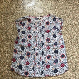 Boden White Floral Print Cap Sleeve Top with Blue and Red Accents